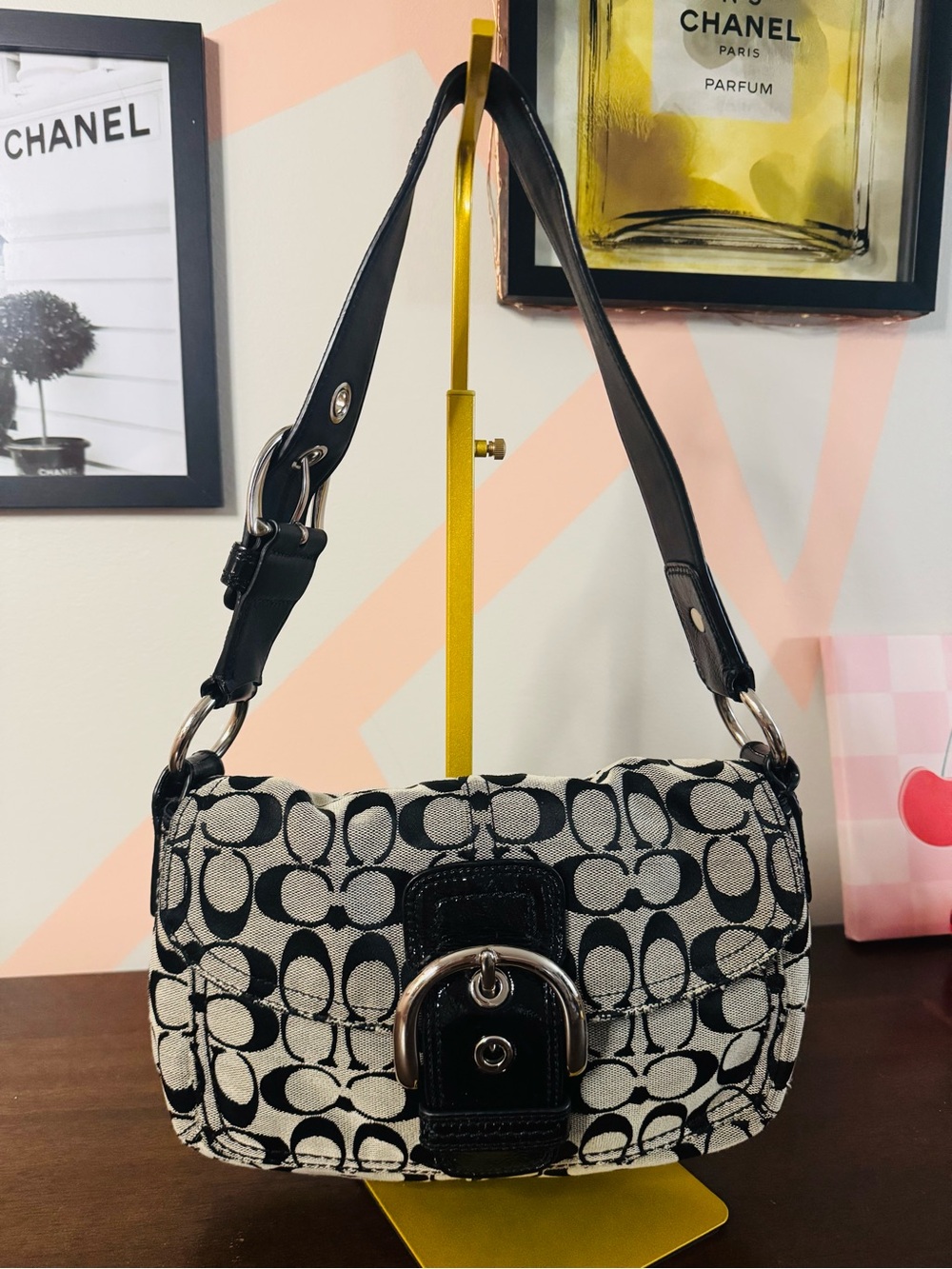 Coach SoHo Black and Cream Signature Shoulder Bag with Buckle Detail